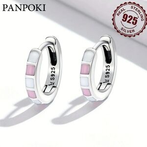 Sterling silver Huggies / pink & white enamel